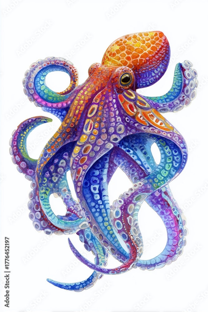 Fototapeta premium Octopus Spectacle: An awe-inspiring depiction of an octopus, its body an intricate tapestry of vibrant colors, showcasing the wonders of marine life.