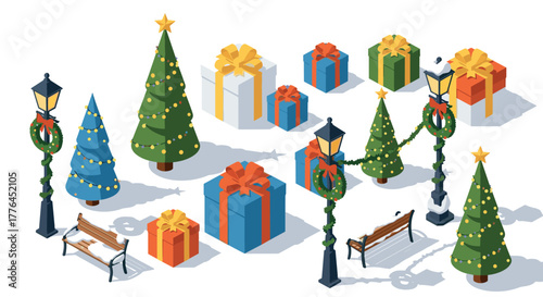 Festive isometric christmas scene with decorated trees, gifts, and street lamps