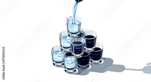 Stacked glass pyramid with pouring blue liquid in isometric style