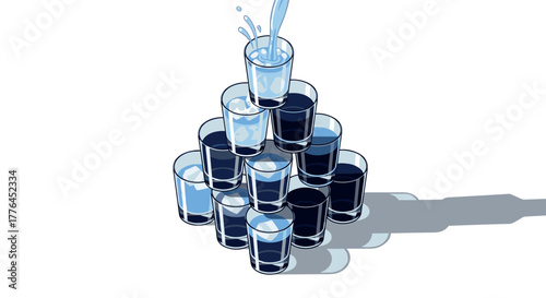 Pyramid of glasses with water splashing concept of abundance and overflow