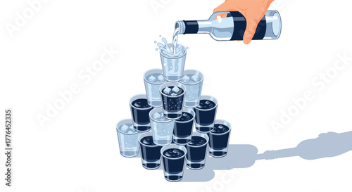 Pouring water into pyramid of glasses with icy refreshing splash