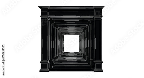 Endless dark polished corridor with bright light at the end, symbolizing hope and future.