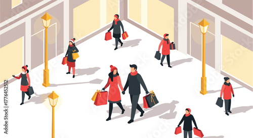 Holiday shopping scene isometric winter street with shoppers and gifts