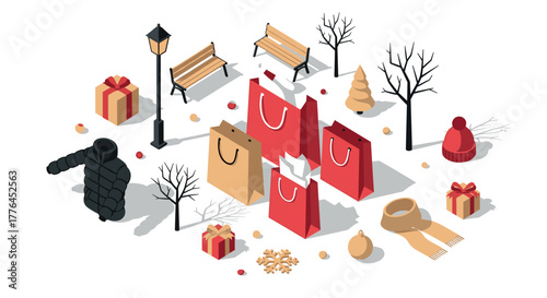 Isometric winter shopping scene with gift bags, trees, and accessories