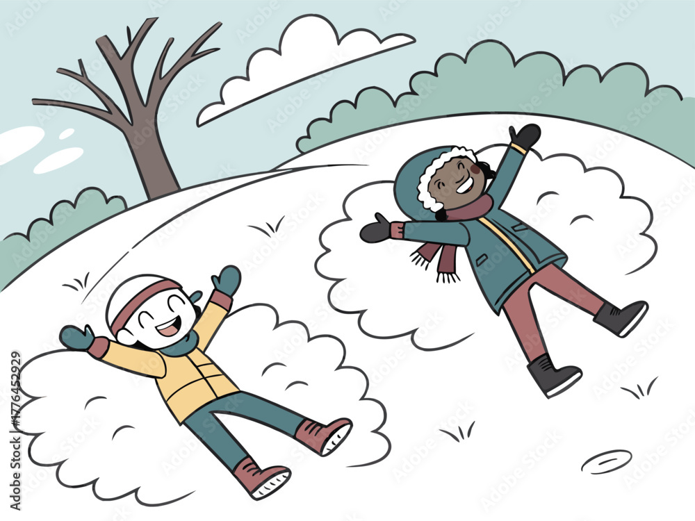 Fototapeta premium Children Playing in Snow Making Angels Fun Winter Activity Christmas Holiday Illustration