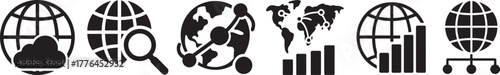 Global data icon set in bold silhouette style for network, analytics, and technology design.