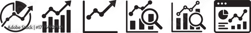Data analytics icon set in bold silhouette style for report, business, and technology design.