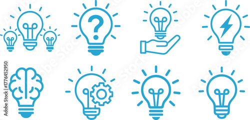 Idea lamp outline icon set in blue color for creativity, innovation, and design.