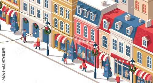 Colorful urban winter street scene with festive decor and shopping in isometric style