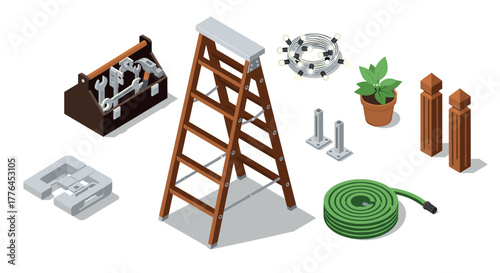 Isometric gardening and diy tools set with ladder and accessories