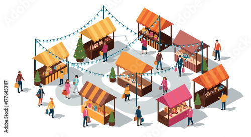 Festive outdoor market with holiday decorations and shoppers in isometric style