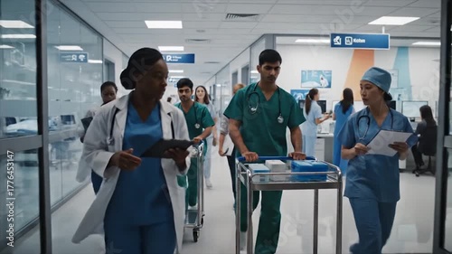Medical Team Rushes Through Hospital Corridor Delivering Care.