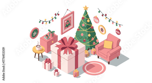 Isometric christmas scene with decorated tree, gifts, and festive home interior