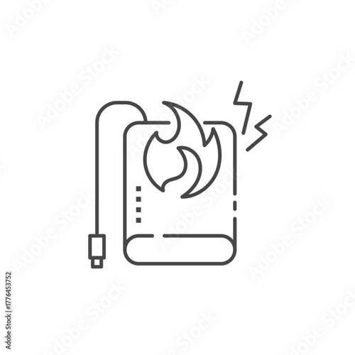 発火するモバイルバッテリーの防災用アイコン (ベクター･線画･モノクロ)