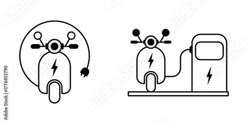 Set of electric motorbike outline icons isolated on white background, minimal line motorcycle symbols for eco transport, modern mobility, and green energy concept illustration.