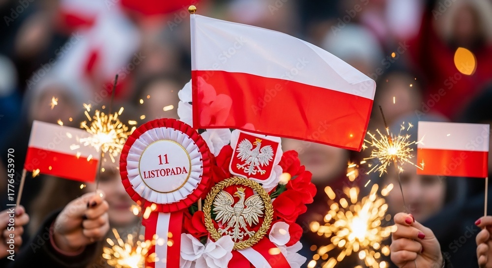 Obraz premium Celebration of Polish Independence Day with Flags, Sparkles, and Festive Decor for Cultural Events, National Holidays, Awareness Campaigns, and Social Media Posts 