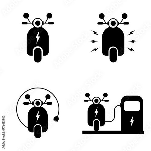 Set of electric motorbike line icons isolated on white background, outline motorcycle symbols representing innovation, green mobility, and modern electric vehicle technology.
