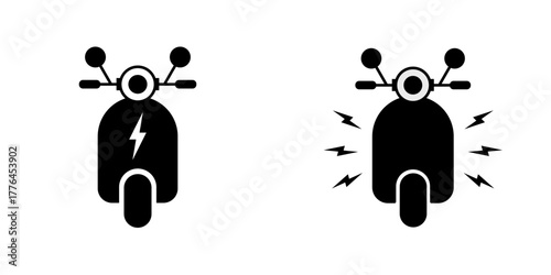 Minimal electric motorbike icon set isolated on white background, simple outline motorcycle symbols for eco friendly transport and modern digital design.