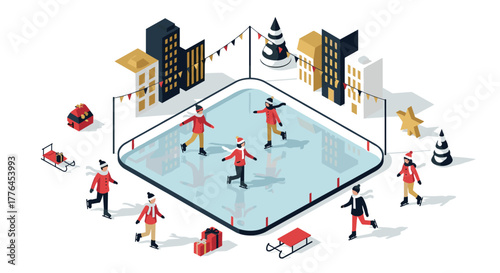 Festive winter ice skating scene with isometric cityscape and holiday decorations