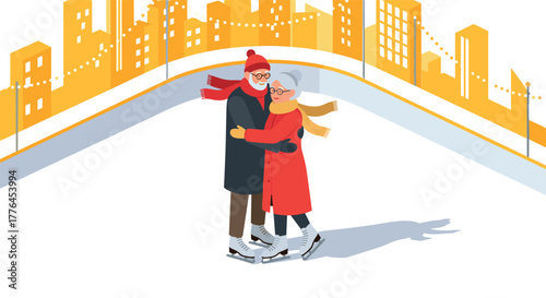 Elderly couple ice skating in winter city scene with urban skyline