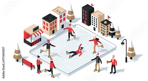 Urban ice rink winter scene with skaters in festive clothing and city buildings