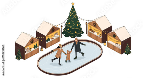 Family enjoying ice skating at christmas market with festive stalls and decorated tree