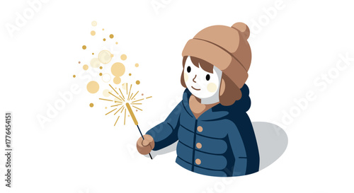 Kid holding sparkler in winter coat and hat