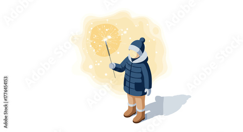 Child holding sparkler in winter clothing with glowing light effect