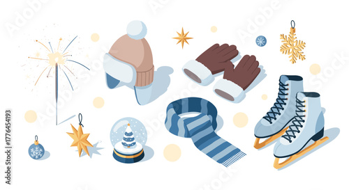 Winter accessories and decorations in festive isometric style