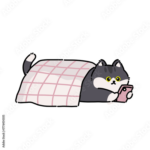 Cute sleepy cat under a blanket using a smartphone, perfect for cozy night, lazy mood, or home lifestyle designs.