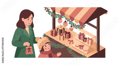 Mother and child enjoy holiday market with festive gifts and decorations