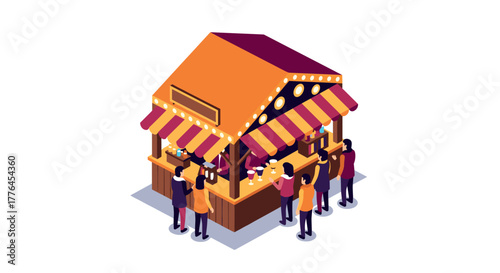 Isometric market stall with people queuing for street food