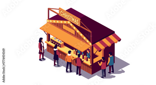 Festive market stall with people shopping at christmas fair