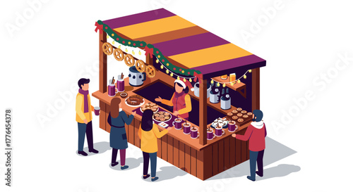 Cozy winter market with people enjoying festive treats in isometric design