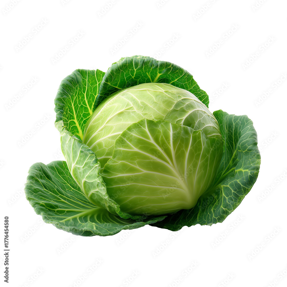 Fototapeta premium Whole cabbage with tightly packed green leaves for culinary and gardening use