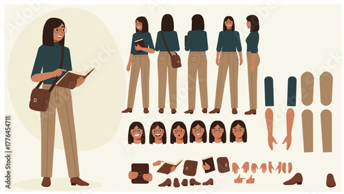 Female Character Sheet Student Reader Book Bag Customizable Vector