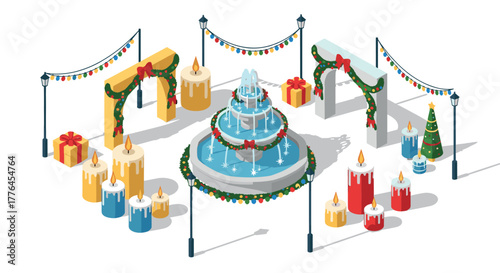 Festive isometric christmas display with fountain and decorations