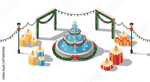 Isometric christmas fountain scene with festive decorations and holiday lights