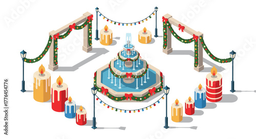 Festive isometric christmas candles and fountain display with holiday decorations