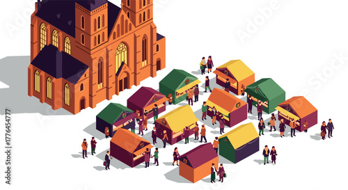 Vibrant outdoor market scene with colorful stalls and crowds near historic cathedral