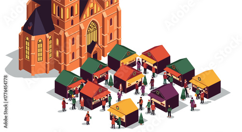 Festive market stalls in front of a gothic cathedral with diverse visitors
