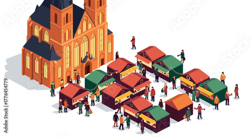 Festive isometric christmas market with people and stalls near gothic church