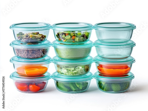 Neatly stacked glass food containers showing healthy meal prepping on white backdrop