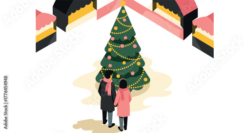 Festive winter market couple enjoys christmas tree in cozy isometric scene