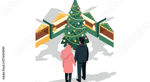 Winter market magic couple strolls by christmas tree stalls in festive scene