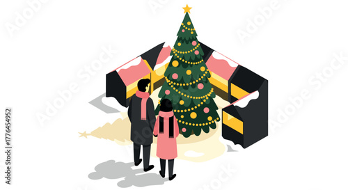 Festive isometric winter scene with couple admiring decorated christmas tree