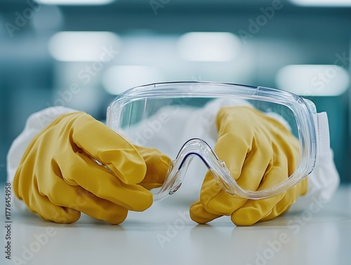 Personal protective equipment featuring safety glasses and yellow gloves