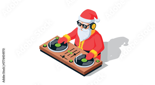 Festive santa claus dj mixing music in isometric style for christmas party
