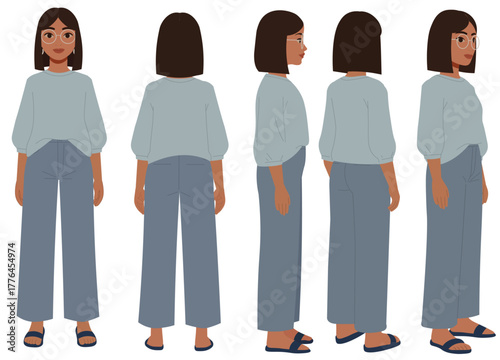 Woman Character Turnaround Sheet Casual Clothes Vector Asset