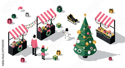 Festive isometric christmas market scene with tree, gifts, and snowman